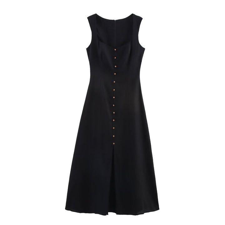 Summer green square neck midi dress for women, sleeveless and button-front, suitable for any casual gathering.