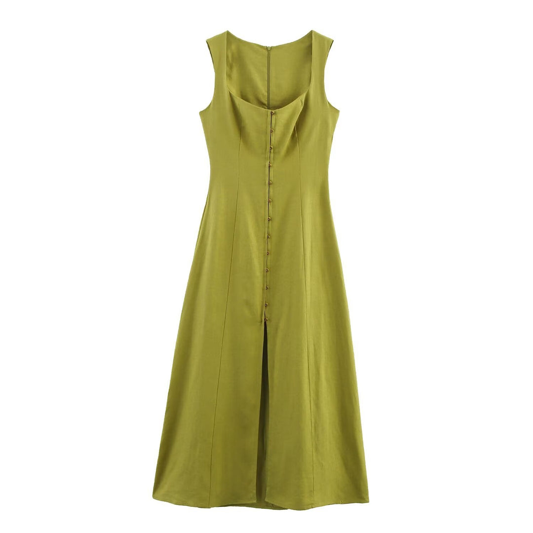 Stylish women's sleeveless square neck midi dress with button front, a versatile choice for elegant or casual wear.
