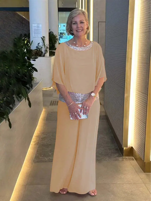 Formal khaki women's elegant wide sleeve set. Two-piece outfit with wide leg pants for classy events.