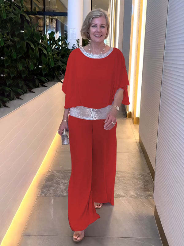 Classy white women's wide sleeve two-piece set. Elegant wide leg pants & top for formal or evening events.