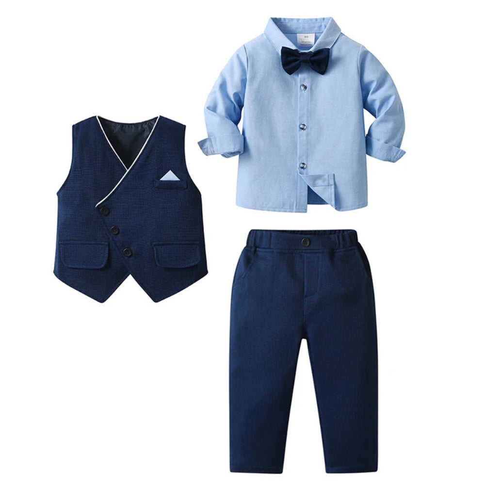 Elegant blue 3-piece formal suit for boys, perfect for weddings & special occasions.