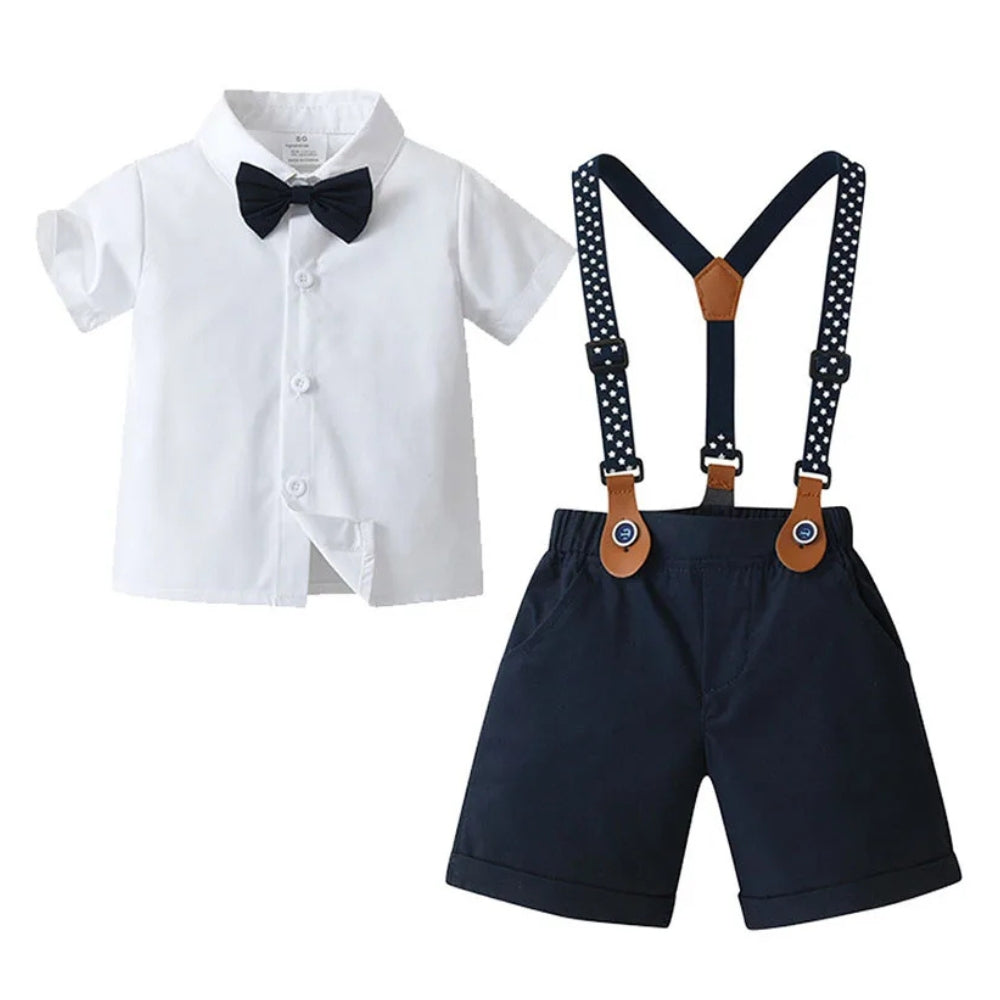 Elegant blue formal suit for young boys, perfect for graduations & family photos.