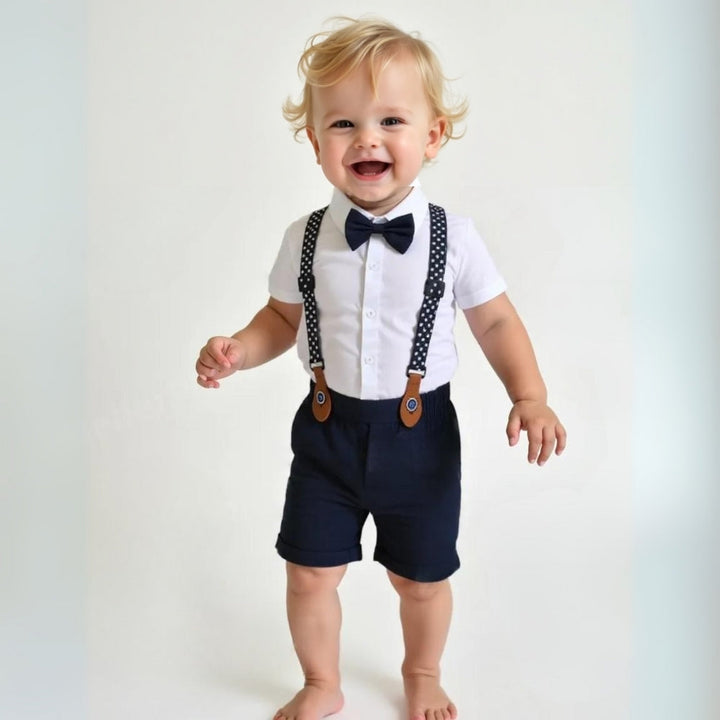 Stylish boys' navy blue formal suit with a classic vest and charming bow tie.