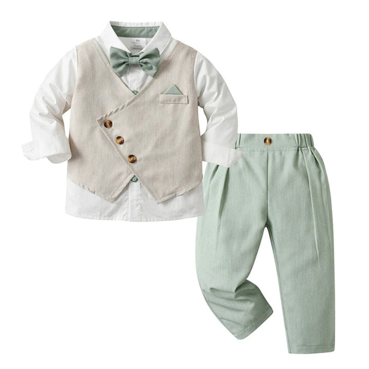 Blue child tuxedo for formal events, a sophisticated 3-piece suit ensemble.