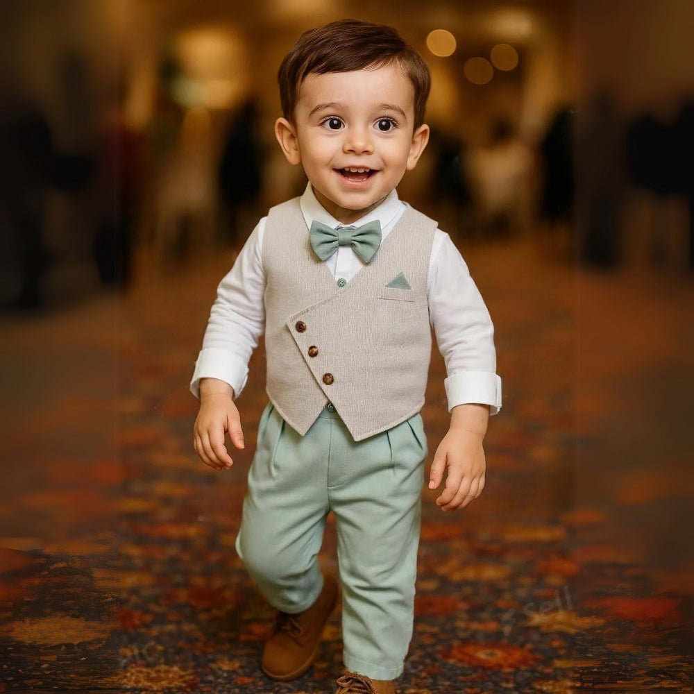 Elegant 3-piece blue suit for boys, featuring a jacket, vest, and bow tie for parties.