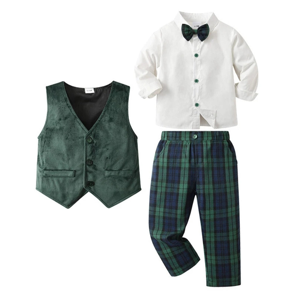 Boys' formal blue suit with vest & bow tie, ideal for pageants & special events.