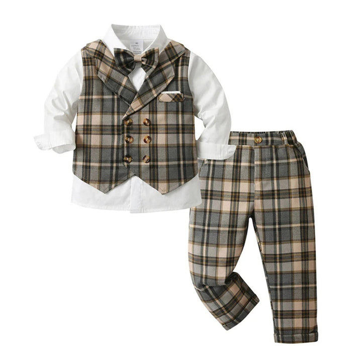 Sophisticated blue formal suit for boys, includes jacket, vest, pants & bow tie.