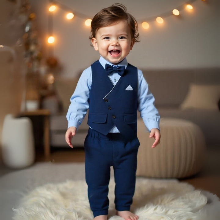 Stylish boys' blue formal suit set with vest & bow tie, ideal for parties.