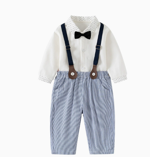 Stylish blue boys' formal suit set, with a vest and bow tie, for any special occasion.