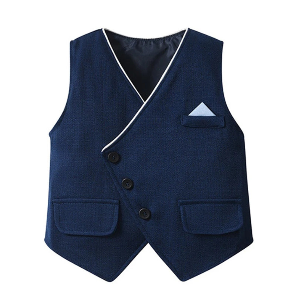 Young boys' elegant blue suit, 3-piece set with jacket, vest, and bow tie.