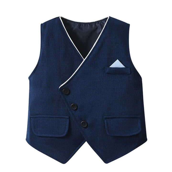 Young boys' elegant blue suit, 3-piece set with jacket, vest, and bow tie.