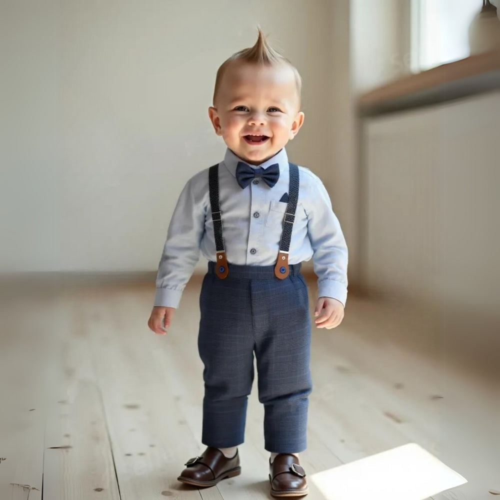 Party outfit for boys: elegant blue 3-piece formal suit with a stylish bow tie.