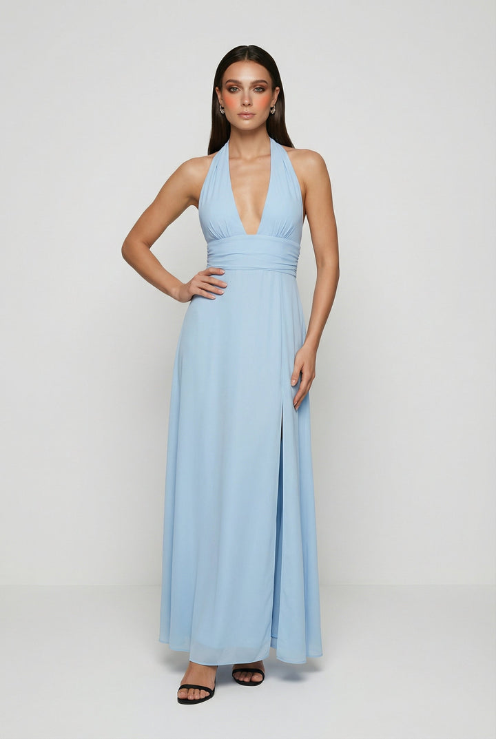 Elegant blue backless halter neck maxi dress for women, perfect for evening or formal events.