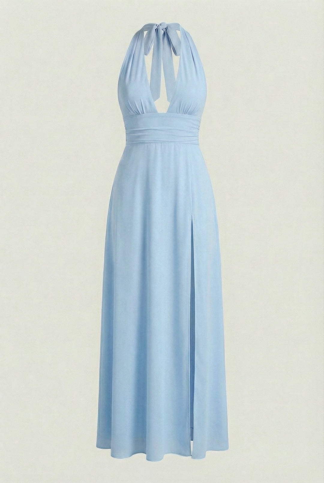 Flowing blue halter neck maxi dress with an open back, a sophisticated choice for formal gatherings.
