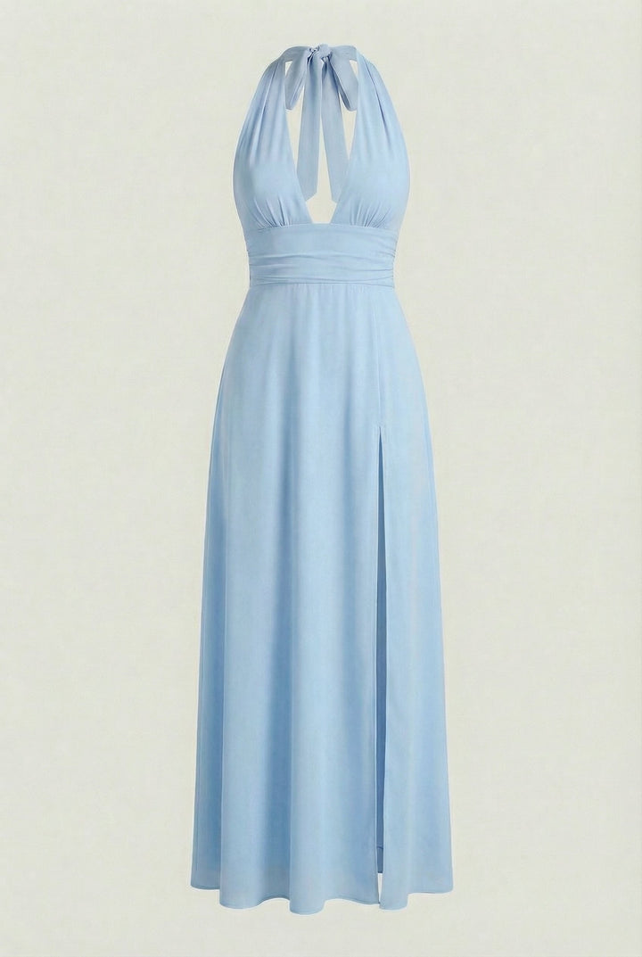 Flowing blue halter neck maxi dress with an open back, a sophisticated choice for formal gatherings.