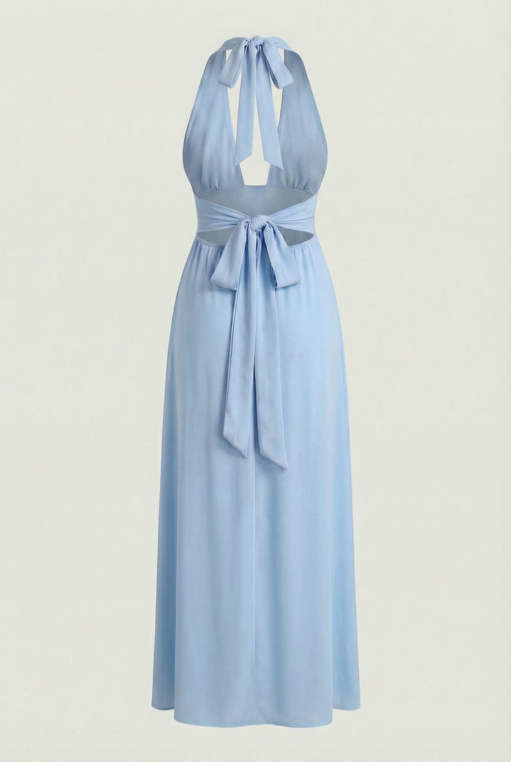 Chic and elegant blue backless maxi dress, a must-have for any woman's party or evening wear collection.