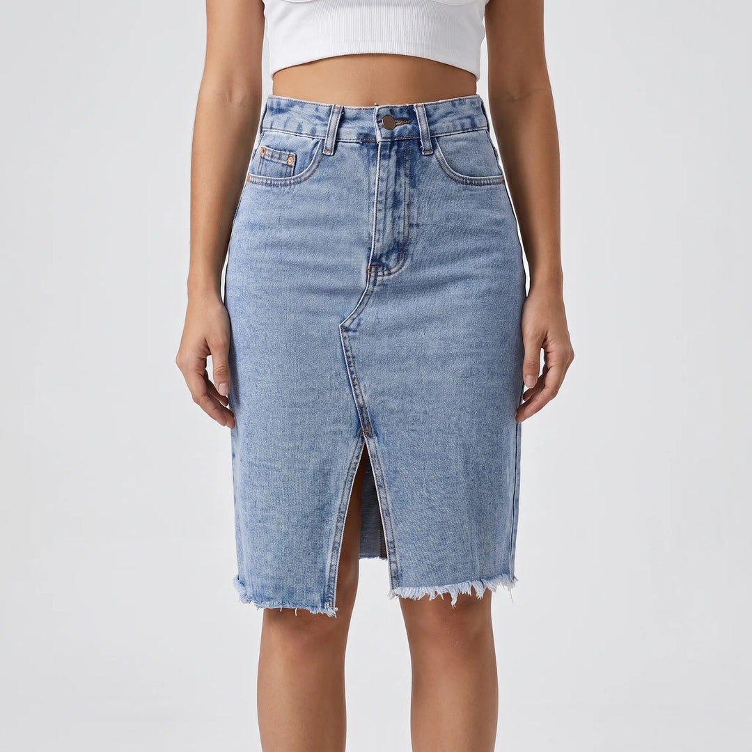 Women's sophisticated pleated midi skirt in blue. Features a flattering high-waisted design for elegant everyday wear.