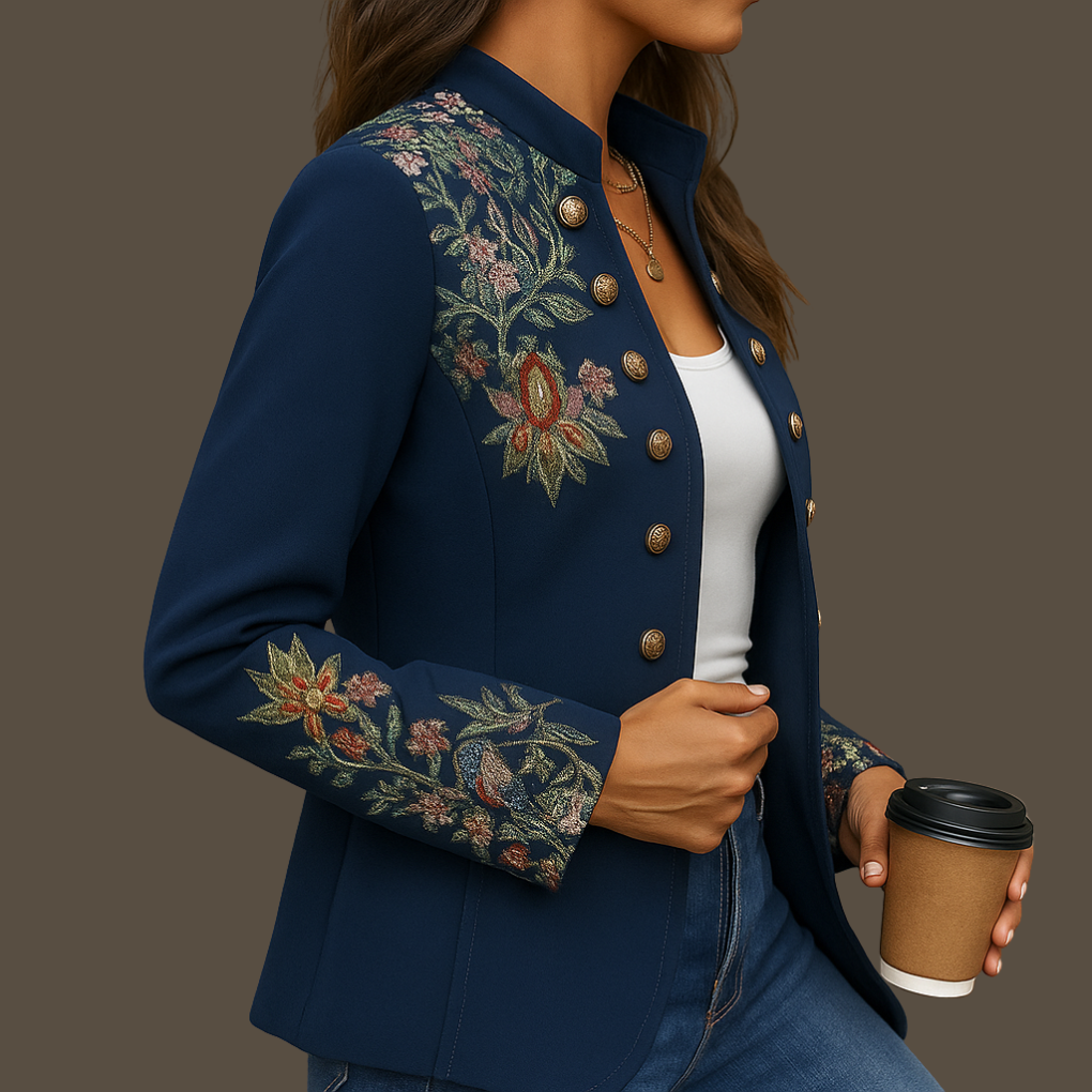 Close-up of a classic blue women's tweed cardigan, showcasing intricate knitwear detail.