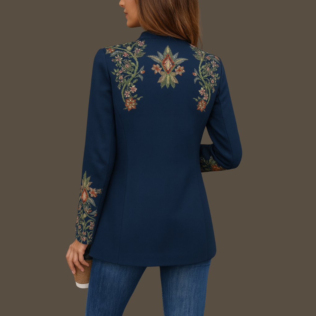 Stylish women's tweed cardigan in versatile blue, ideal for professional or casual wear.