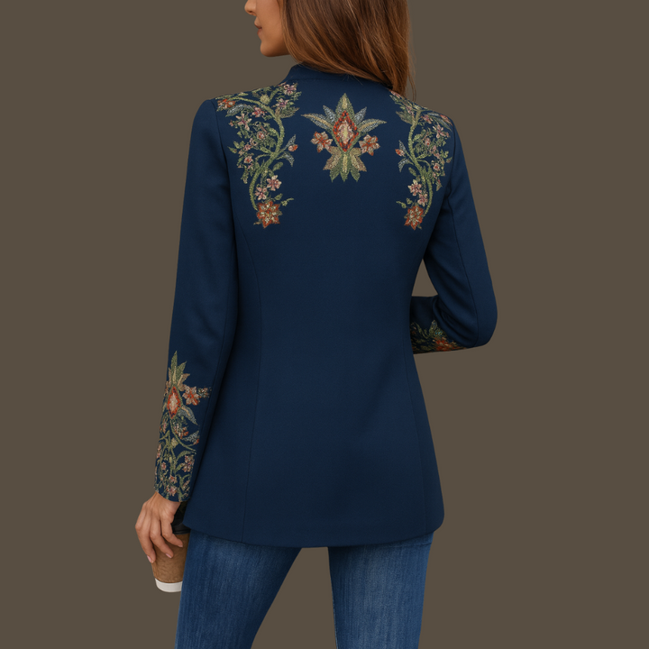 Stylish women's tweed cardigan in versatile blue, ideal for professional or casual wear.