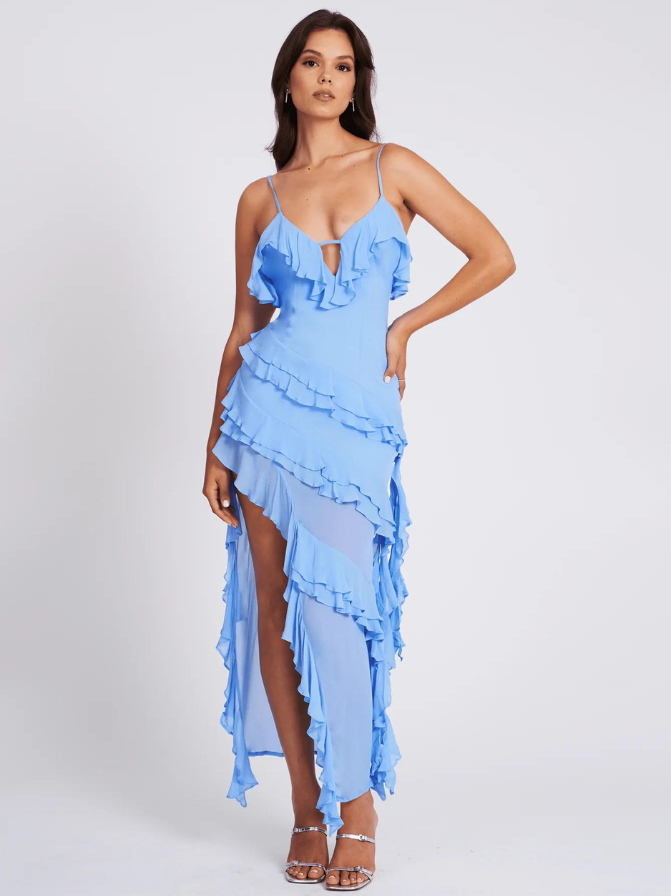 Flowy ruffle trim asymmetric midi dress for women, ideal for cocktail parties & special occasions. Elegant blue.