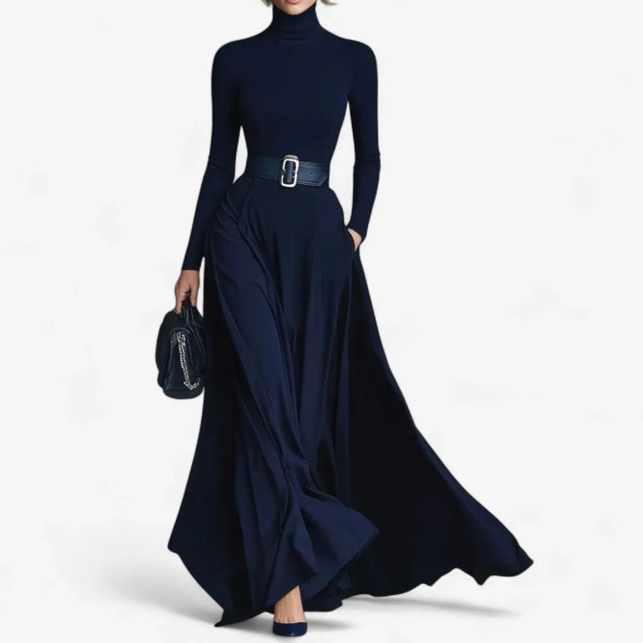 Elegant blue women's high-neck long-sleeve maxi dress with a belted A-line skirt, perfect for occasion wear.