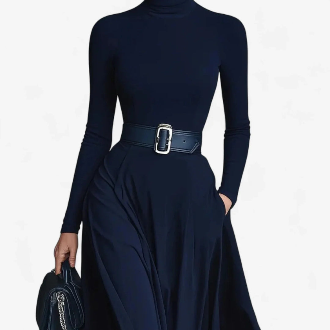 Stylish blue women's maxi dress with a high-neck, long sleeves, and a chic belted A-line skirt for elegant fashion.