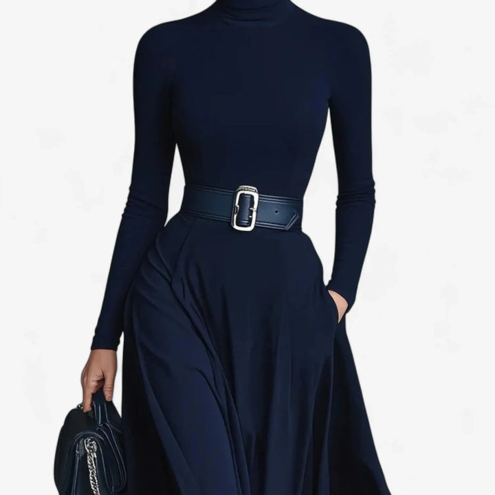 Stylish blue women's maxi dress with a high-neck, long sleeves, and a chic belted A-line skirt for elegant fashion.