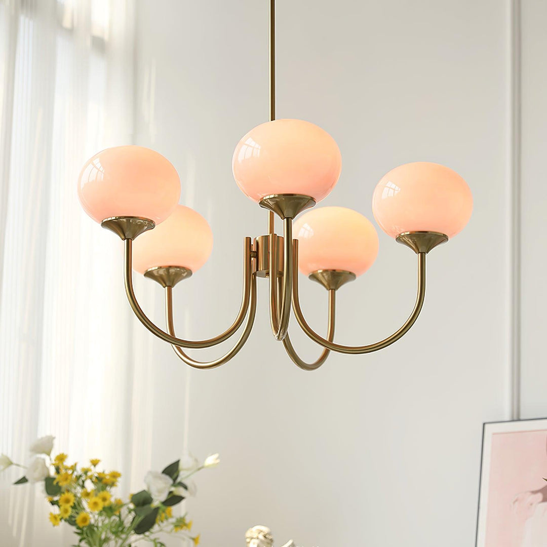 Modern chrome ring ceiling light with opal glass shades for dining areas.