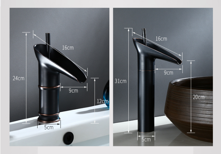Modern gold waterfall basin mixer, deck-mounted luxury bathroom fixture.