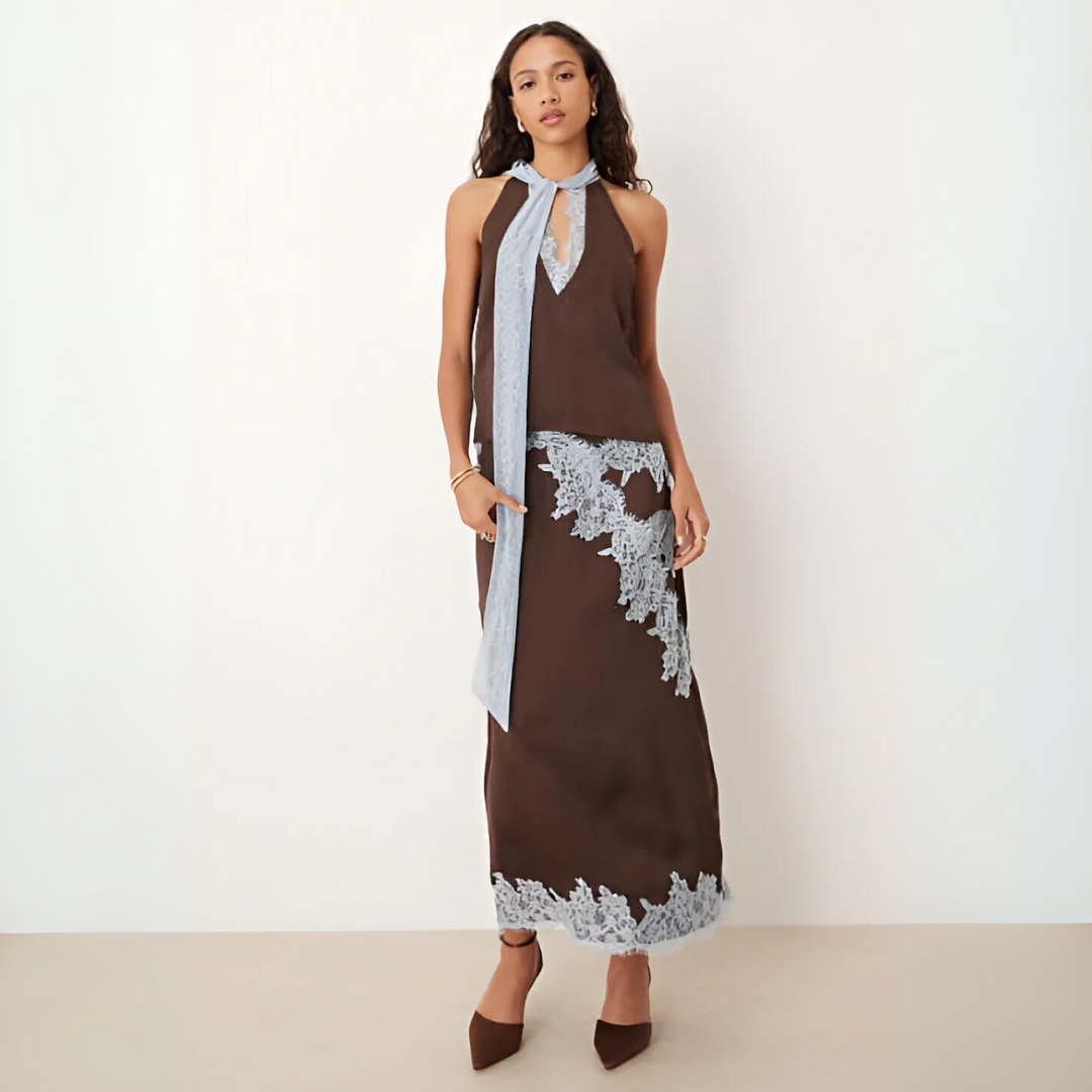 Elegant brown halter scarf top & maxi skirt set with lace trim. Women's summer fashion, vacation wear.