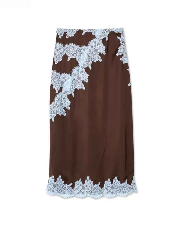 Elegant brown coordinated set for women: a chic halter scarf top and a graceful maxi skirt with lace trim.