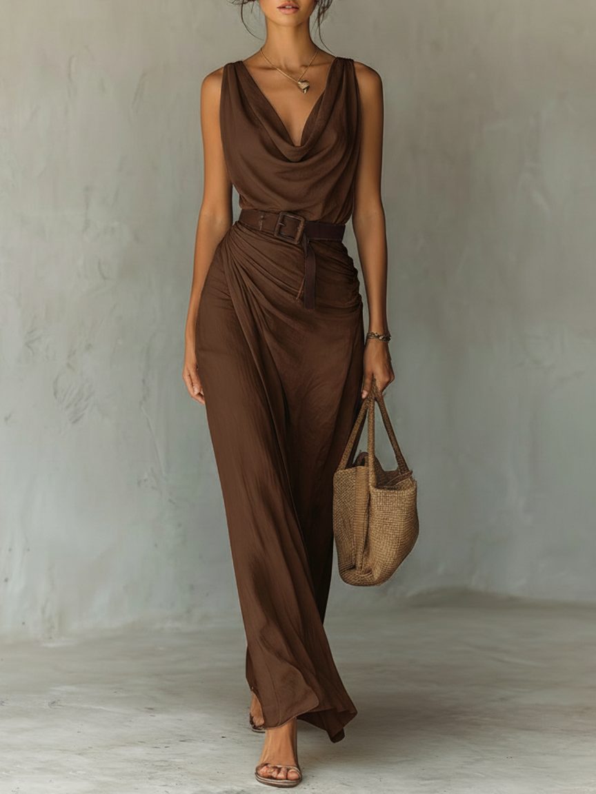 Elegant brown sleeveless maxi dress with a flattering cowl neck and stylish belt, perfect for summer evenings.