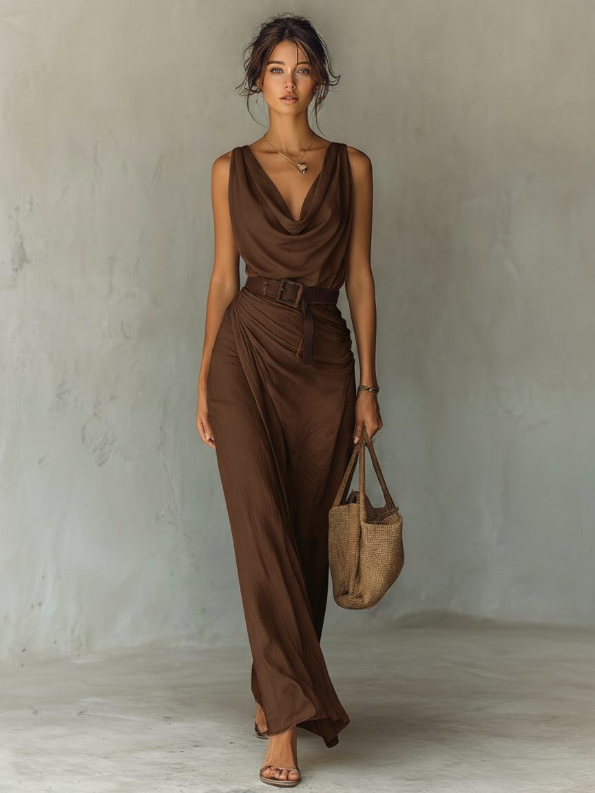Stylish brown sleeveless maxi dress for women, featuring a sophisticated cowl neck and a figure-flattering belt.