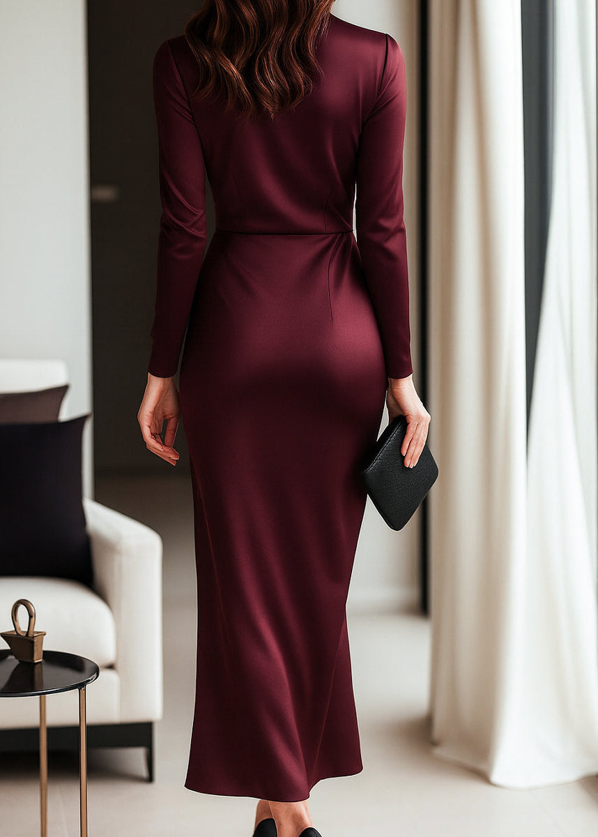 Burgundy long sleeve wrap dress for women. Elegant V-neck, waist tie, perfect as a formal or wedding guest dress.