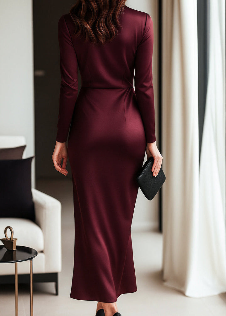 Burgundy long sleeve wrap dress for women. Elegant V-neck, waist tie, perfect as a formal or wedding guest dress.