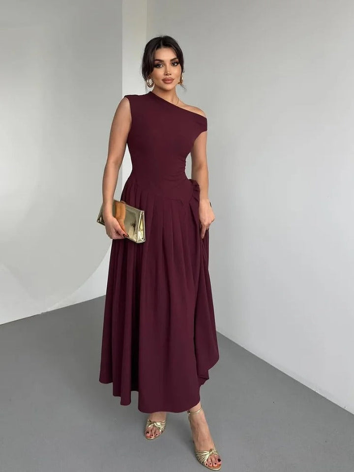 Burgundy one-shoulder draped maxi evening dress for women, an elegant choice for special occasion wear.