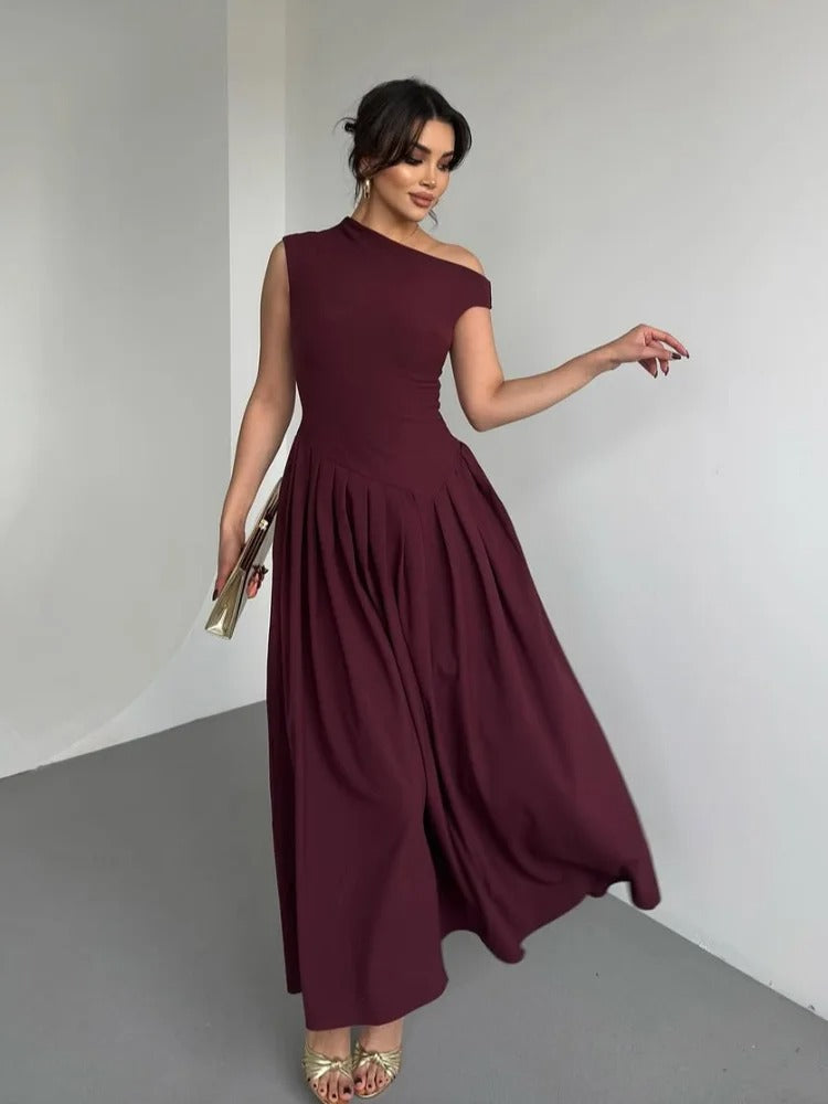 Chic women's one-shoulder burgundy maxi dress with sophisticated draping, perfect for parties & formal wear.