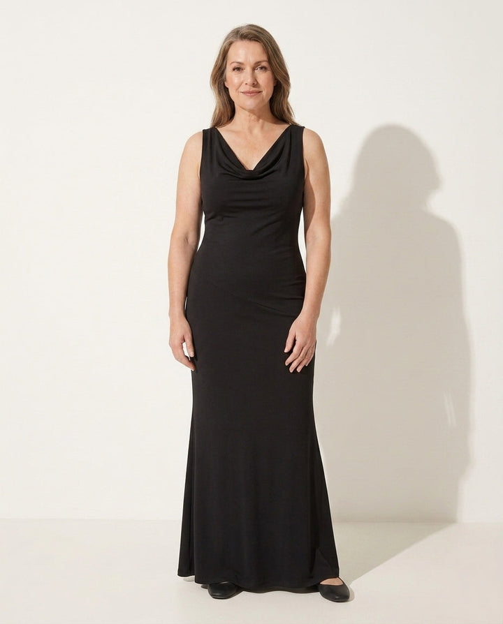 Elegant Cinderella cowl neck black maxi dress for wedding guests.