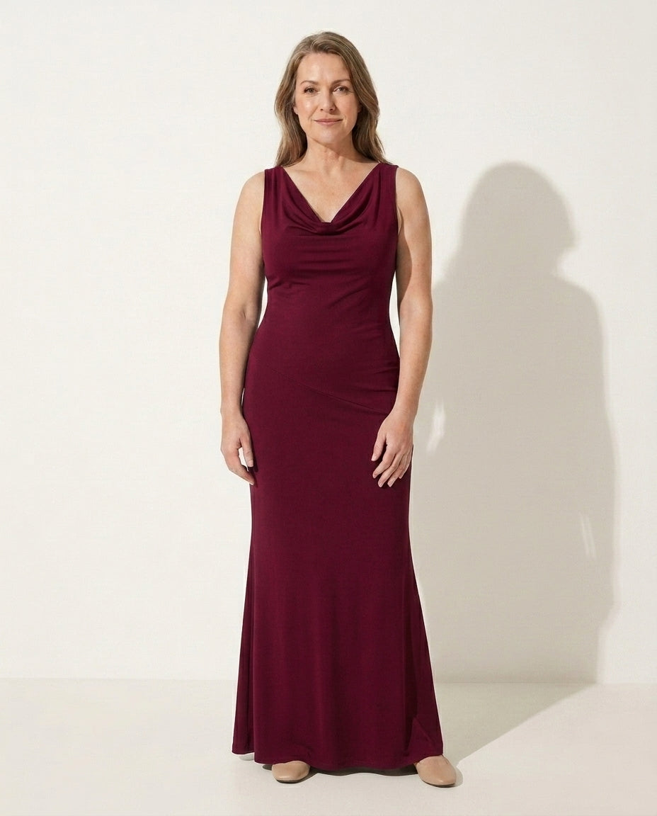 Women's sophisticated black tie cowl neck maxi dress, perfect for formal events & weddings.