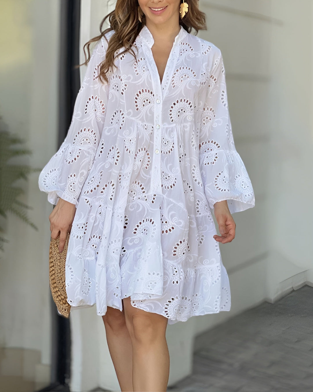 Elegant & comfortable women's summer midi dress, V-neck, 7/8 sleeves. Versatile for casual or vacation wear.