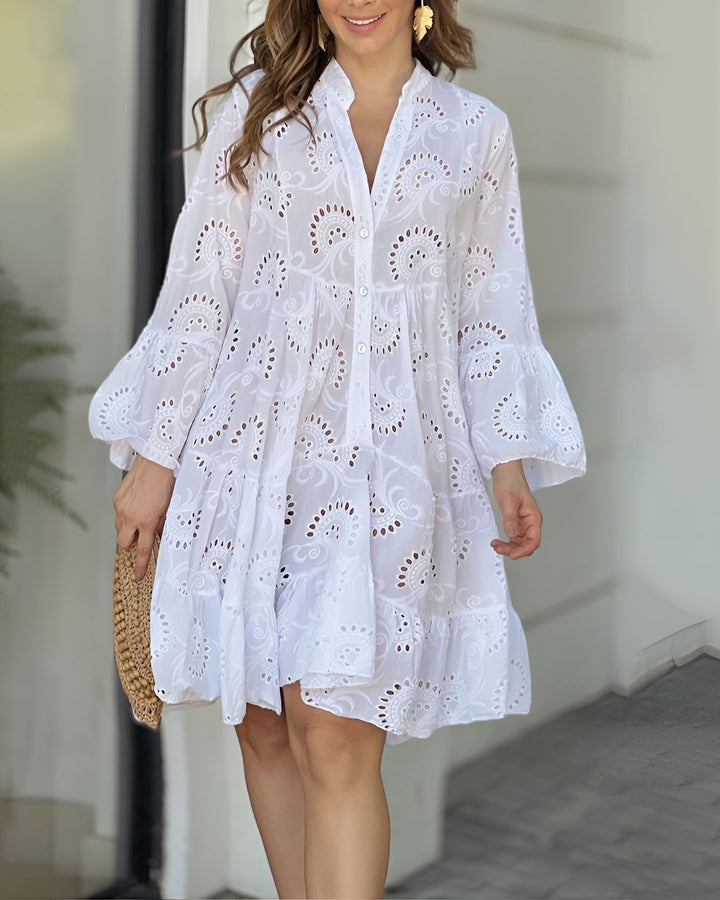 Elegant & comfortable women's summer midi dress, V-neck, 7/8 sleeves. Versatile for casual or vacation wear.