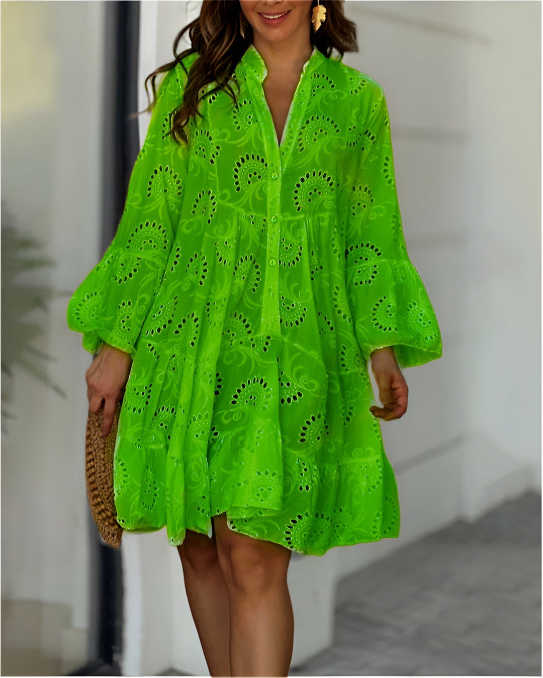Stylish & comfortable women's summer midi dress. Elegant V-neck, 7/8 sleeves. Versatile for casual outings.