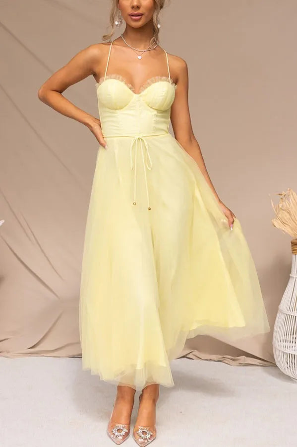 Elegant corset midi dress for women, perfect as a wedding guest or party dress.