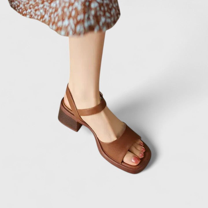 Vintage-inspired women's square toe sandals in cream white & brown, elegant slim strap design for summer fashion.