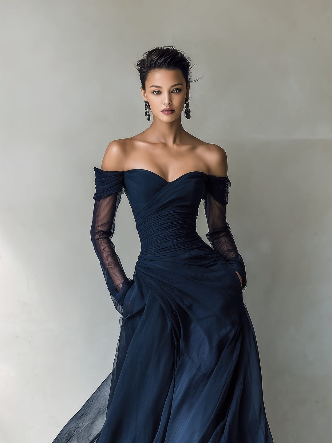 Sophisticated women's off-shoulder maxi dress with sheer long sleeves, perfect for evening gowns & wedding guests.