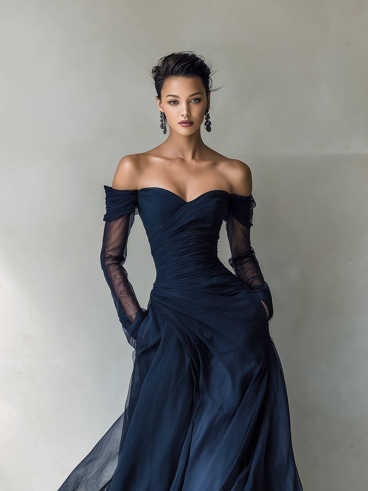 Sophisticated women's off-shoulder maxi dress with sheer long sleeves, perfect for evening gowns & wedding guests.
