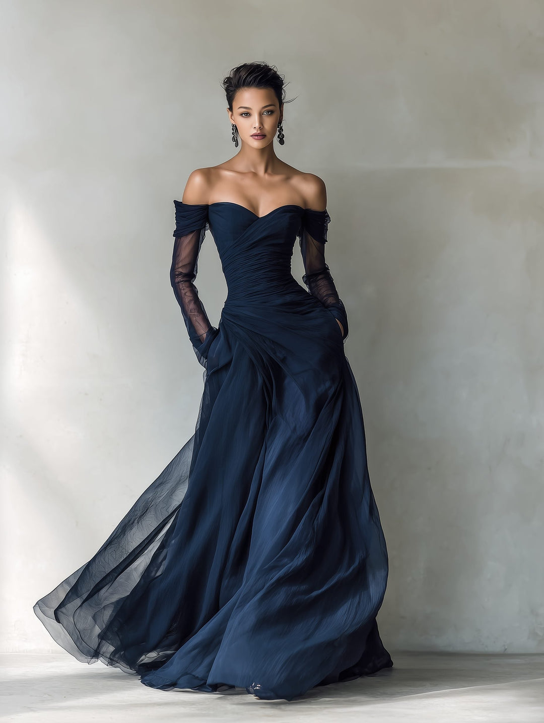 Flattering off-shoulder maxi dress featuring elegant long sheer sleeves, great for special occasions & formal wear.