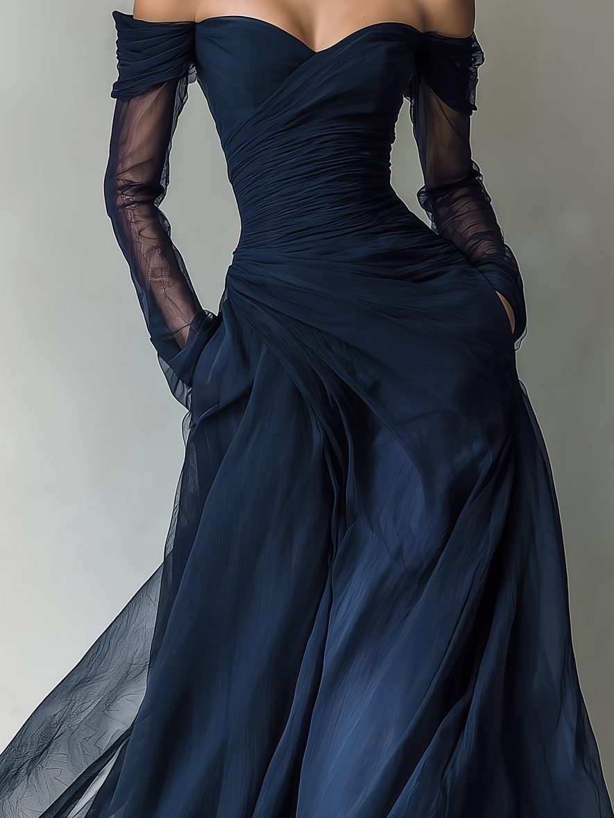 Dark blue women's off-shoulder maxi dress with sheer long sleeves, an elegant party dress or evening gown.