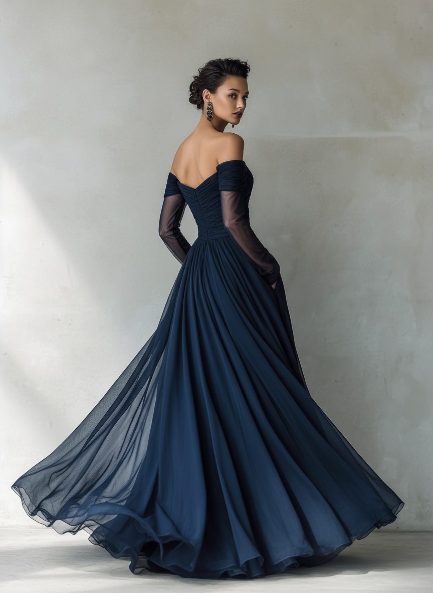 Chic off-shoulder maxi dress for women, with delicate long sheer sleeves. A sophisticated choice for formal parties.